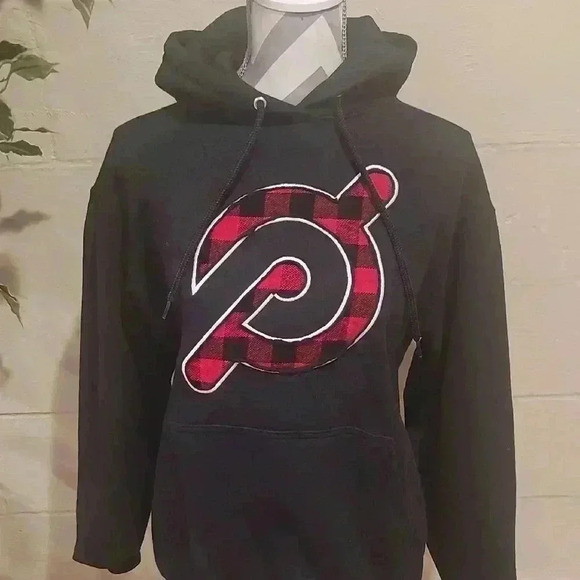Port and Company Black and Red Plaid Hoodie Size Medium Peloton Graphic - Picture 1 of 5
